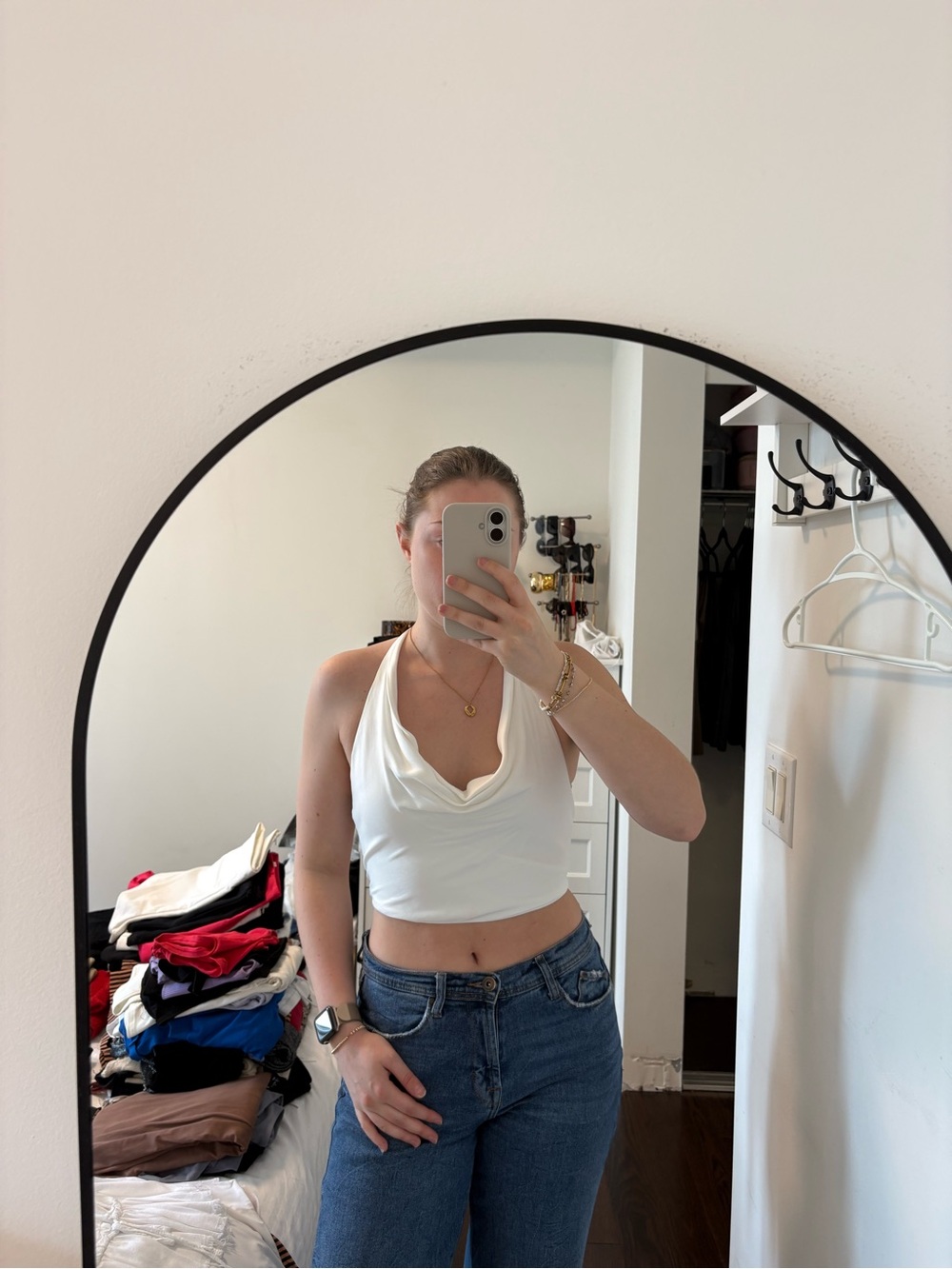 Zara Satin Draped Cowl Neck White Crop Top